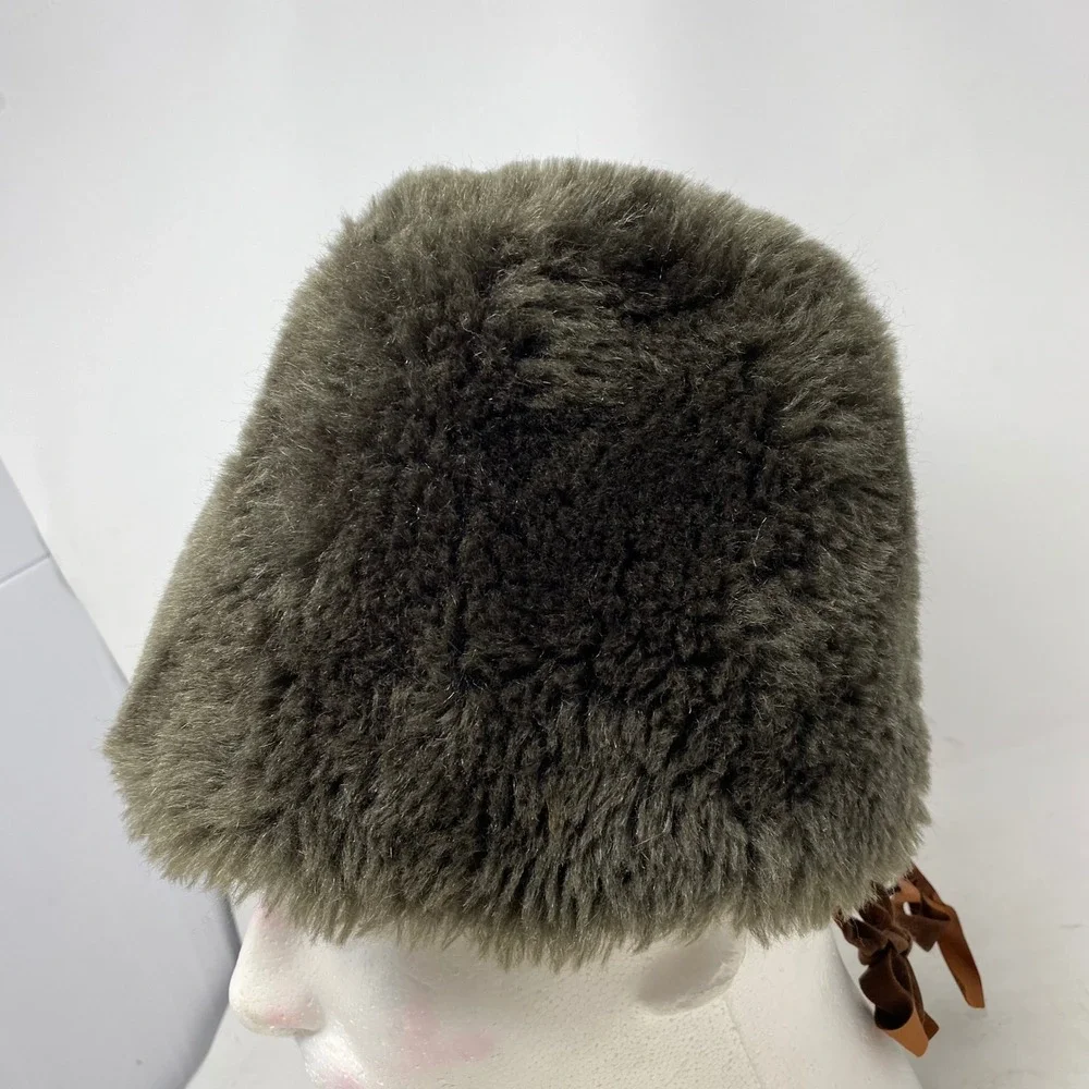 Vintage Union Made Faux Fur Pillbox Hat Olive Green Russian Cossack Style Winter